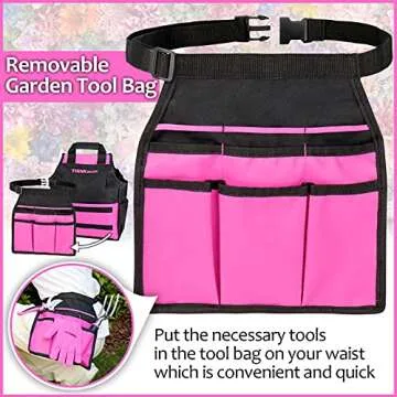 THINKWORK Pink Garden Tools, Gardening Gifts for Women, with 2 in 1 Detachable Storage Bag, Trowel, ...