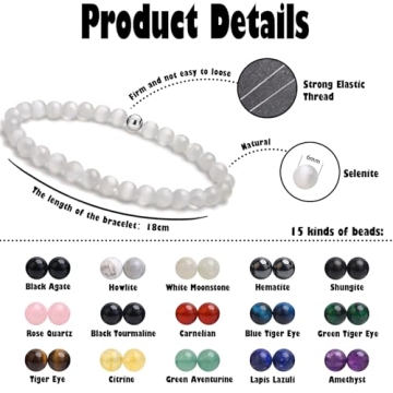 BONNY BOXX 6mm Natural Stretch Selenite Bracelet for Unisex, Handmade Elastic Healing Crystal Gemsto...