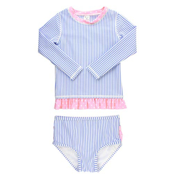 RuffleButts Girls Periwinkle Seersucker Long Sleeve Rash Guard Bikini - UPF 50+ Sun Protection