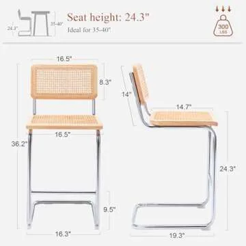 JIRAIN Rattan Bar Stools Set of 2, 24 Inch Modern Counter Stools with Cane Back, Low Back Barstools ...