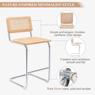 JIRAIN Rattan Bar Stools Set of 2, 24 Inch Modern Counter Stools with Cane Back, Low Back Barstools with Cane Seat, Counter Height Chairs with Metal Legs for Kitchen Island, Yellow