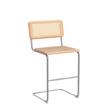 JIRAIN Rattan Bar Stools Set of 2, 24 Inch Modern Counter Stools with Cane Back, Low Back Barstools with Cane Seat, Counter Height Chairs with Metal Legs for Kitchen Island, Yellow