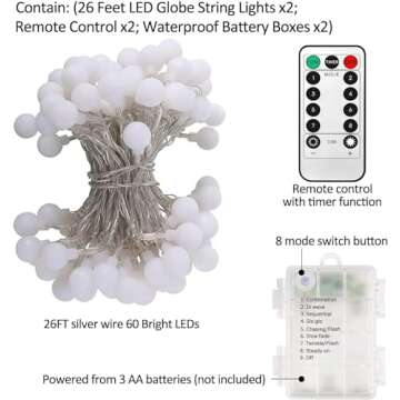 Battery Operated LED Globe String Lights, 2-Pack Total 52FT 120LEDs - Each 26FT 60LEDs 8 Mode Waterproof Christmas Fairy String Lights with Remote for Home Bedroom Garden Wedding Party Decoration
