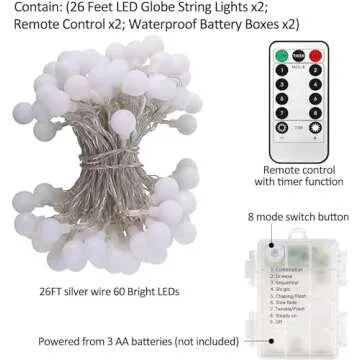Battery Operated LED Globe String Lights, 2-Pack Total 52FT 120LEDs - Each 26FT 60LEDs 8 Mode Waterproof Christmas Fairy String Lights with Remote for Home Bedroom Garden Wedding Party Decoration