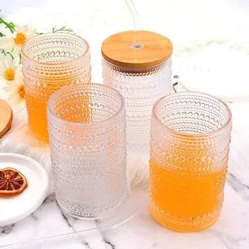 Vintage Drinking Glasses Set with Lids and Straws - 16 oz