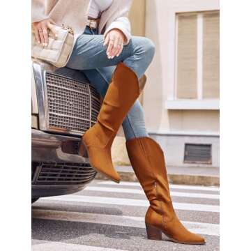 Coutgo Womens Wide Calf Cowboy Boots Suede Knee High Chunky Heel Pointed Toe Western Cowgirl Boots, Brown, Size 7.5