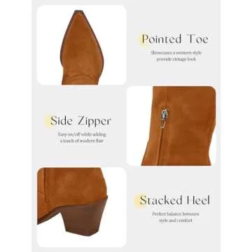Coutgo Womens Wide Calf Cowboy Boots Suede Knee High Chunky Heel Pointed Toe Western Cowgirl Boots, Brown, Size 7.5