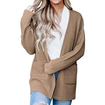 MEROKEETY Womens Long Sleeve Waffle Knit Cardigan Open Front Side Slit Sweater Khaki