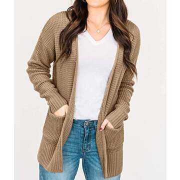 MEROKEETY Womens Long Sleeve Waffle Knit Cardigan Open Front Side Slit Sweater Khaki