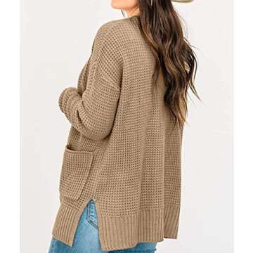 MEROKEETY Womens Long Sleeve Waffle Knit Cardigan Open Front Side Slit Sweater Khaki