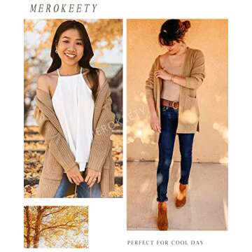 MEROKEETY Womens Long Sleeve Waffle Knit Cardigan Open Front Side Slit Sweater Khaki