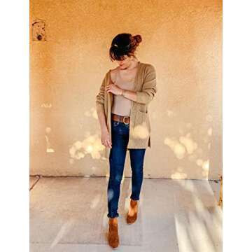 MEROKEETY Womens Long Sleeve Waffle Knit Cardigan Open Front Side Slit Sweater Khaki