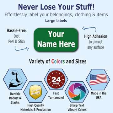 24 Large Personalized Waterproof Name Labels. Press and Stick Multi use Custom Name Labels. Customiz...
