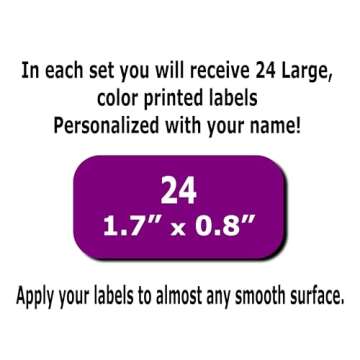 24 Large Personalized Waterproof Name Labels. Press and Stick Multi use Custom Name Labels. Customized 2 Lines of Text and Color. ID Identification Name Stickers with Permanent Self Adhesive.