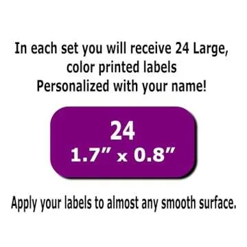 24 Large Personalized Waterproof Name Labels. Press and Stick Multi use Custom Name Labels. Customized 2 Lines of Text and Color. ID Identification Name Stickers with Permanent Self Adhesive.