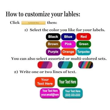 24 Large Personalized Waterproof Name Labels. Press and Stick Multi use Custom Name Labels. Customized 2 Lines of Text and Color. ID Identification Name Stickers with Permanent Self Adhesive.