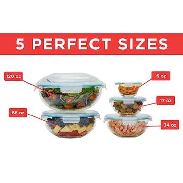 EatNeat 5 Piece Glass Food Storage Bowls with Airtight Lids