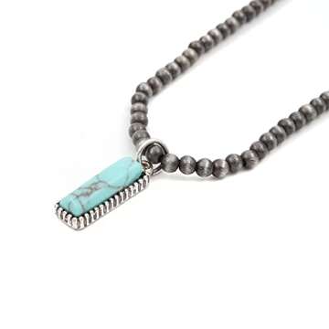 Turquoise Stone Silvertone Rectangle Bar Pendant Faux Navajo Pearl Choker Necklace 12 Inch