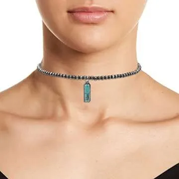 Turquoise Stone Silvertone Rectangle Bar Pendant Faux Navajo Pearl Choker Necklace 12 Inch