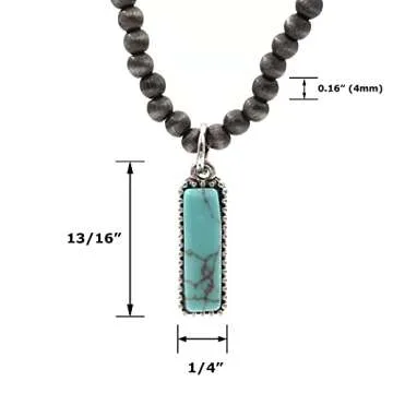 Turquoise Stone Silvertone Rectangle Bar Pendant Faux Navajo Pearl Choker Necklace 12 Inch