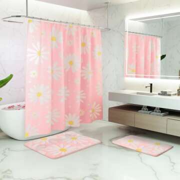 QJHOMO Cute Pink Floral Shower Curtain with Hooks 72x72