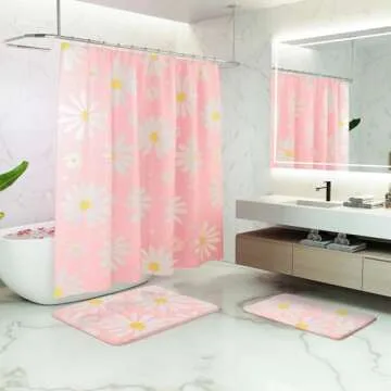 QJHOMO Cute Pink Floral Shower Curtain with Hooks 72x72