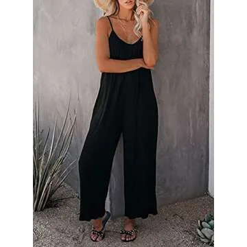 Happy Sailed Black Jumpsuit for Women Summer Sleeveless Cami Jumpsuits Wide Leg Pants Romper Loose Fit Overalls Vacation Outfits for Women Black Large