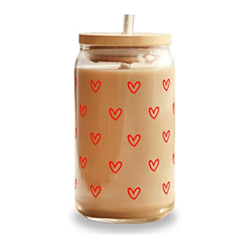 Hearts Glass Cup with Lid and Straw - Color Changing Vinyl Design for Iced Coffee Lovers
