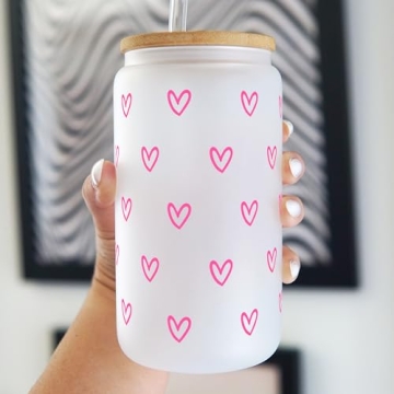 Hearts Glass Cup with Lid and Straw Color Changing Vinyl