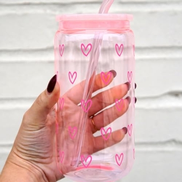 Hearts Glass Cup with Lid and Straw Color Changing Vinyl