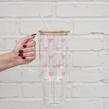 Hearts Glass Cup with Lid and Straw Color Changing Vinyl