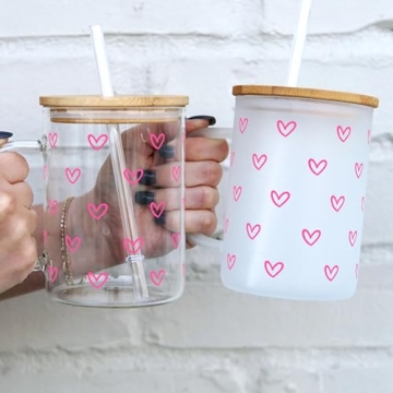 Hearts Glass Cup with Lid and Straw Color Changing Vinyl