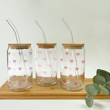 Hearts Glass Cup with Lid and Straw Color Changing Vinyl