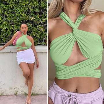 ZAFUL Ribbed Halter Crop Top Ruched Lace-up Cropped Cami Bandana Top Stitching Cropped Tank Top Green