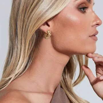 Chunky Gold Hoop Earrings, 14K Gold Plated Hoop Earrings for Women Trendy, Irregular Texture Thick Hoop Huggie Earrings Hypoallergenic Dainty Earrings Wrinkle Vintage Jewelry Earrings