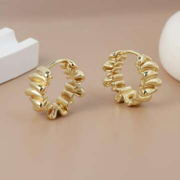 Chunky Gold Hoop Earrings, 14K Gold Plated Hoop Earrings for Women Trendy, Irregular Texture Thick Hoop Huggie Earrings Hypoallergenic Dainty Earrings Wrinkle Vintage Jewelry Earrings