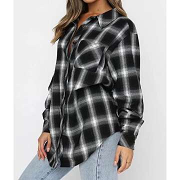 Lacozy Women’s Long Sleeve Buffalo Plaid Flannel Shirt Basic Button Down High Low Hem Tops Black M...