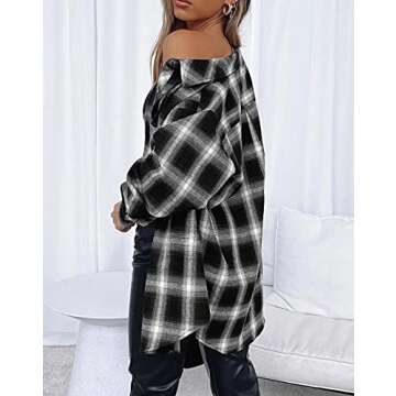Lacozy Women’s Long Sleeve Buffalo Plaid Flannel Shirt Basic Button Down High Low Hem Tops Black Medium