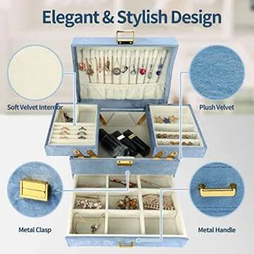 Dajasan Velvet Jewelry Boxes for Women Girls, Jewelry Organizer Box, Jewelry Storage Organizer for Rings Necklaces Bracelets Watch Earring (Blue)