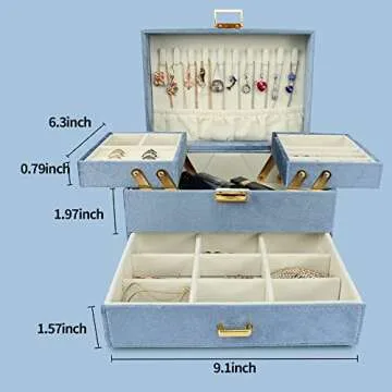 Dajasan Velvet Jewelry Boxes for Women Girls, Jewelry Organizer Box, Jewelry Storage Organizer for Rings Necklaces Bracelets Watch Earring (Blue)