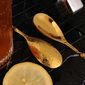 AnSaw Gold 12-Inch Stainless Steel Cocktail Spoon with Leaf Handle - Perfect for Mixing & Layering Drinks in Tall Cups, Bar & Shakers - Durable Long Handle Bar Stirrer,2-Pieces