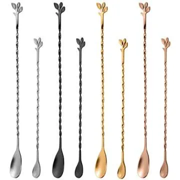 AnSaw Gold 12-Inch Stainless Steel Cocktail Spoon with Leaf Handle - Perfect for Mixing & Layering Drinks in Tall Cups, Bar & Shakers - Durable Long Handle Bar Stirrer,2-Pieces