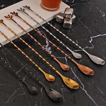 AnSaw Gold 12-Inch Stainless Steel Cocktail Spoon with Leaf Handle - Perfect for Mixing & Layering Drinks in Tall Cups, Bar & Shakers - Durable Long Handle Bar Stirrer,2-Pieces