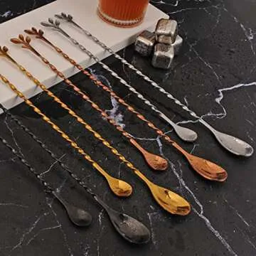 AnSaw Gold 12-Inch Stainless Steel Cocktail Spoon with Leaf Handle - Perfect for Mixing & Layering Drinks in Tall Cups, Bar & Shakers - Durable Long Handle Bar Stirrer,2-Pieces