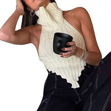 Women Sleeveless Knit Crop Tank Tops Backless Halter Turtleneck Irregular Vest Tops Fashion High Street Style White