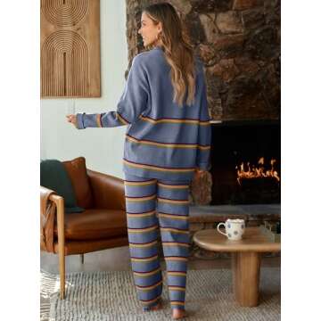 LILLUSORY 2 Piece Outfits for Women 2024 Fall Fashion Oversized Striped Sweaters Sets Cozy Lounge Sets Knit Clothes StripesDustyBlue XL