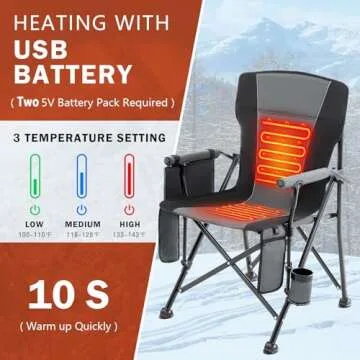 Heated Folding Camping Chair Portable for Outdoor Sports, Fully Padded Heated Lawn Chair Support 400lbs, Collapsible Heated Camp Chair with 3 Heat Levels for Outside, Gray(2 Battery Pack Required)