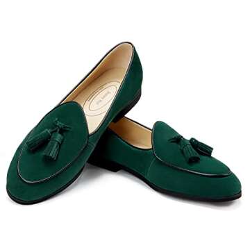 Journey West Suede Tassel Loafer for Women Slip-on Belgian Penny Loafers Shoes for Women Green US 9.5