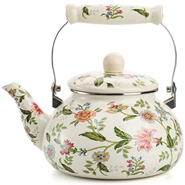 Jucoan 2.6 Quart Vintage Green Floral Enamel Tea Kettle