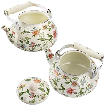 Vintage Green Floral Enamel Tea Kettle 2.6 Quart